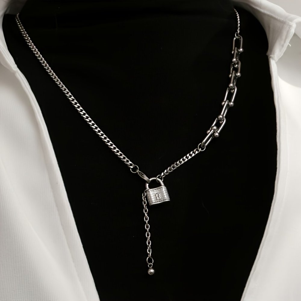 Trendy Stainless Steel Lock Tassel Pendant Necklace Padlock Chain Stainles